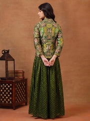 Girls Animal Printed and Zari Embroidered Top with Jacket and Palazzo Co-Ord Set
