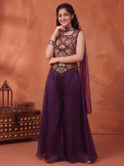 Girls Floral Embroidered Regular Thread Work Kurti with Palazzos & With Dupatta