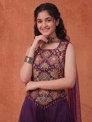 Girls Floral Embroidered Regular Thread Work Kurti with Palazzos & With Dupatta