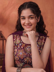 Girls Floral Embroidered Regular Thread Work Kurti with Palazzos & With Dupatta