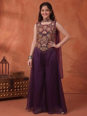 Girls Floral Embroidered Regular Thread Work Kurti with Palazzos & With Dupatta