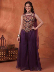 Girls Floral Embroidered Regular Thread Work Kurti with Palazzos & With Dupatta