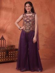 Girls Floral Embroidered Regular Thread Work Kurti with Palazzos & With Dupatta