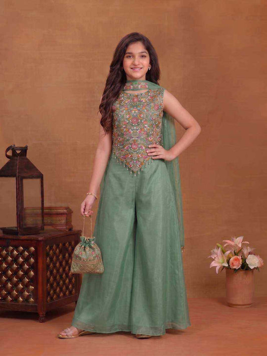 Girls Floral Embroidered Regular Thread Work Top with Palazzos & With Dupatta