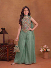 Girls Floral Embroidered Regular Thread Work Top with Palazzos & With Dupatta