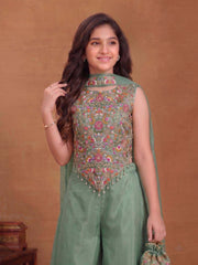 Girls Floral Embroidered Regular Thread Work Top with Palazzos & With Dupatta