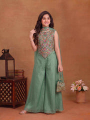 Girls Floral Embroidered Regular Thread Work Top with Palazzos & With Dupatta