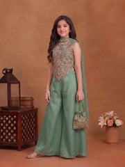 Girls Floral Embroidered Regular Thread Work Top with Palazzos & With Dupatta