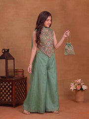 Girls Floral Embroidered Regular Thread Work Top with Palazzos & With Dupatta