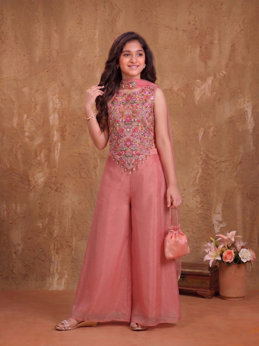 Girls Floral Embroidered Regular Thread Work Kurta with Palazzos With Dupatta