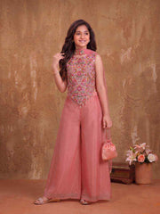 Girls Floral Embroidered Regular Thread Work Kurta with Palazzos With Dupatta