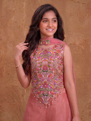 Girls Floral Embroidered Regular Thread Work Kurta with Palazzos With Dupatta