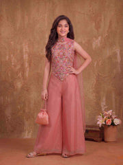 Girls Floral Embroidered Regular Thread Work Kurta with Palazzos With Dupatta