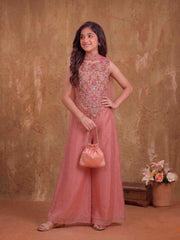 Girls Floral Embroidered Regular Thread Work Kurta with Palazzos With Dupatta