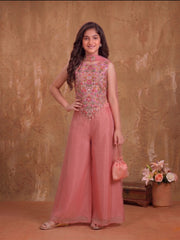 Girls Floral Embroidered Regular Thread Work Kurta with Palazzos With Dupatta