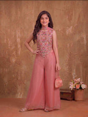 Girls Floral Embroidered Regular Thread Work Kurta with Palazzos With Dupatta