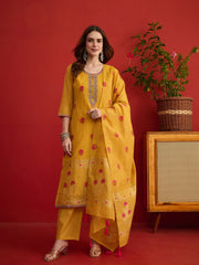 Women Ethnic Embroidered Regular Work Silk Kurta with Palazzos & Dupatta