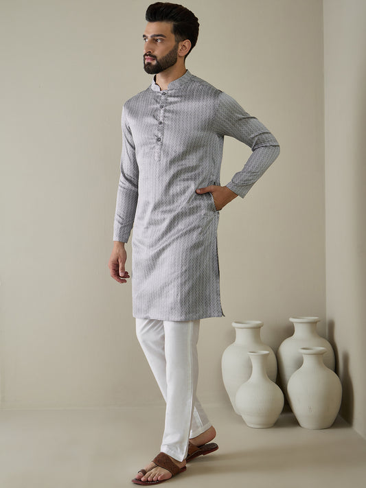 Woven Design Mandarin Collar Kurta & Trousers