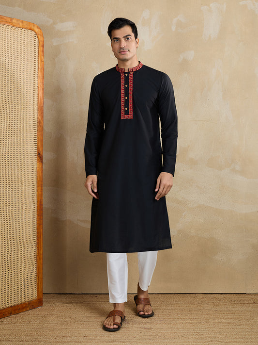 Floral Yoke Design Mandarin Collar Thread Work Straight Kurta With Trousers