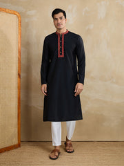 Floral Yoke Design Mandarin Collar Thread Work Straight Kurta With Trousers