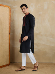 Floral Yoke Design Mandarin Collar Thread Work Straight Kurta With Trousers