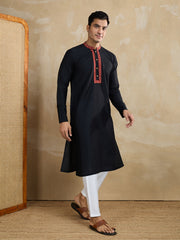 Floral Yoke Design Mandarin Collar Thread Work Straight Kurta With Trousers