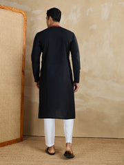 Floral Yoke Design Mandarin Collar Thread Work Straight Kurta With Trousers
