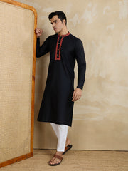 Floral Yoke Design Mandarin Collar Thread Work Straight Kurta With Trousers