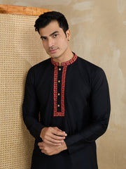 Floral Yoke Design Mandarin Collar Thread Work Straight Kurta With Trousers