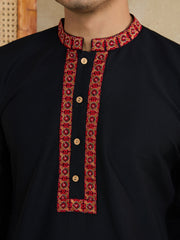 Floral Yoke Design Mandarin Collar Thread Work Straight Kurta With Trousers
