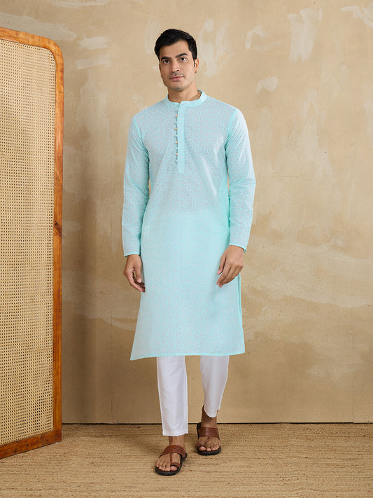 Ethnic Motifs Embroidered Chikankari Mandarin Collar Straight Kurta With Trousers