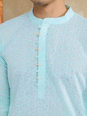 Ethnic Motifs Embroidered Chikankari Mandarin Collar Straight Kurta With Trousers