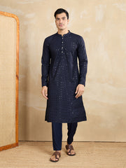 Ethnic Motifs Embroidered Mandarin Collar Sequinned Straight Kurta With Trousers