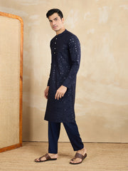 Ethnic Motifs Embroidered Mandarin Collar Sequinned Straight Kurta With Trousers