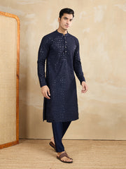 Ethnic Motifs Embroidered Mandarin Collar Sequinned Straight Kurta With Trousers