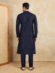Ethnic Motifs Embroidered Mandarin Collar Sequinned Straight Kurta With Trousers