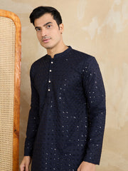 Ethnic Motifs Embroidered Mandarin Collar Sequinned Straight Kurta With Trousers