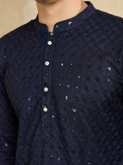 Ethnic Motifs Embroidered Mandarin Collar Sequinned Straight Kurta With Trousers