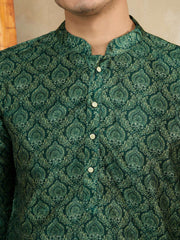 Ethnic Motifs Printed Mandarin Collar Sequinned Straight Kurta With Trousers