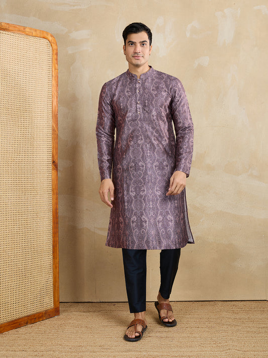 Ethnic Motifs Printed Mandarin Collar Sequinned Straight Kurta With Trousers