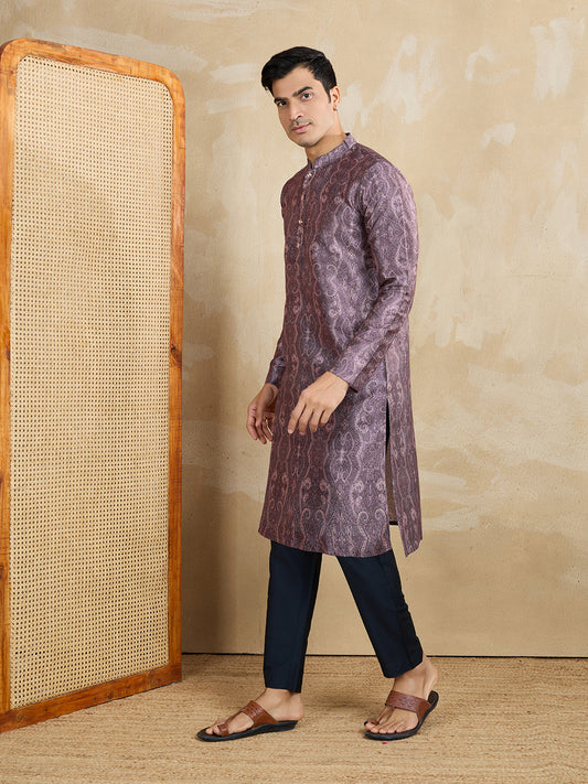 Ethnic Motifs Printed Mandarin Collar Sequinned Straight Kurta With Trousers