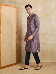 Ethnic Motifs Printed Mandarin Collar Sequinned Straight Kurta With Trousers