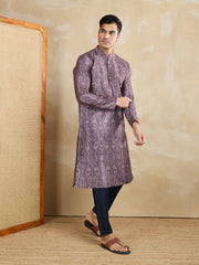 Ethnic Motifs Printed Mandarin Collar Sequinned Straight Kurta With Trousers