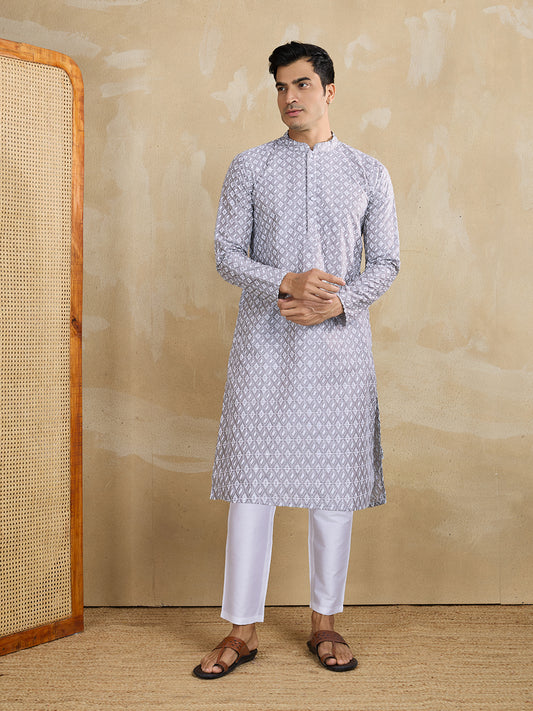 Ethnic Motifs Embroidered Mandarin Collar Thread Work Straight Kurta With Trousers