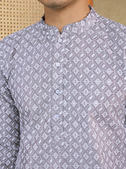 Ethnic Motifs Embroidered Mandarin Collar Thread Work Straight Kurta With Trousers
