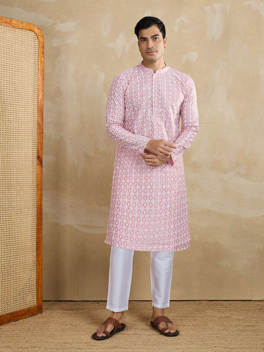 Ethnic Motifs Embroidered Mandarin Collar Thread Work Straight Kurta With Trousers