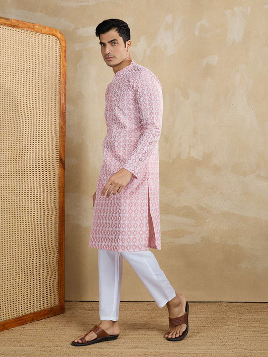 Ethnic Motifs Embroidered Mandarin Collar Thread Work Straight Kurta With Trousers