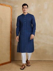 Striped Embroidered Mandarin Collar Thread Work Straight Kurta With Trousers