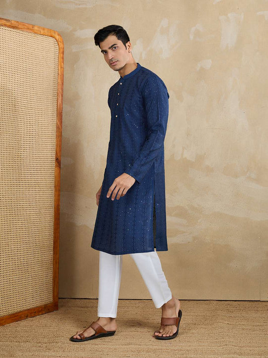 Striped Embroidered Mandarin Collar Thread Work Straight Kurta With Trousers