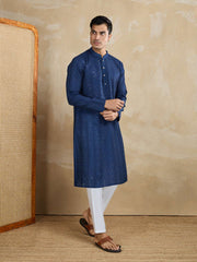 Striped Embroidered Mandarin Collar Thread Work Straight Kurta With Trousers